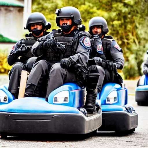 a swat team riding bumper cars