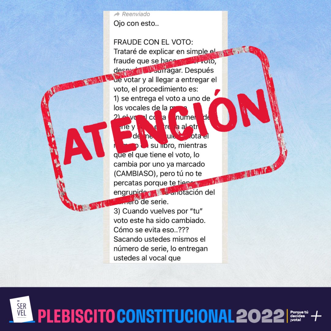 ServelChile's tweet photo. ATENCIÓN | Respecto a este mensaje que circula por redes sociales, aclaramos que por protocolo sanitario, son los propios electores quienes deben cortar la colilla de su voto y depositarla en el sobre que indique el vocal de mesa. https://t.co/dRnPKmFlCu