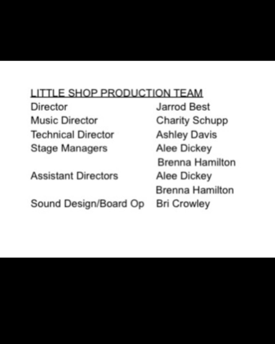 Thank you to everyone who auditioned for LITTLE SHOP OF HORRORS! We are incredibly excited to get started on this show tomorrow with a read through. Tech applications can be picked up in Best’s room and are due WEDNESDAY!