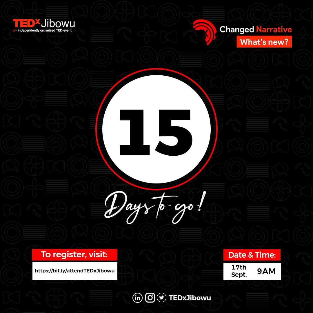 officialDOC_IGE's tweet photo. It's 15 days to TEDxJibowu; A one day transformational event with amazing masterclasses and speakers.
Highly anticipating September 17th🔥🔥🔥 
Follow @TEDxJibowu to stay updated
#Africawillrise #TEDxJibowu #TEDx https://t.co/CKLPgUW9Kj
