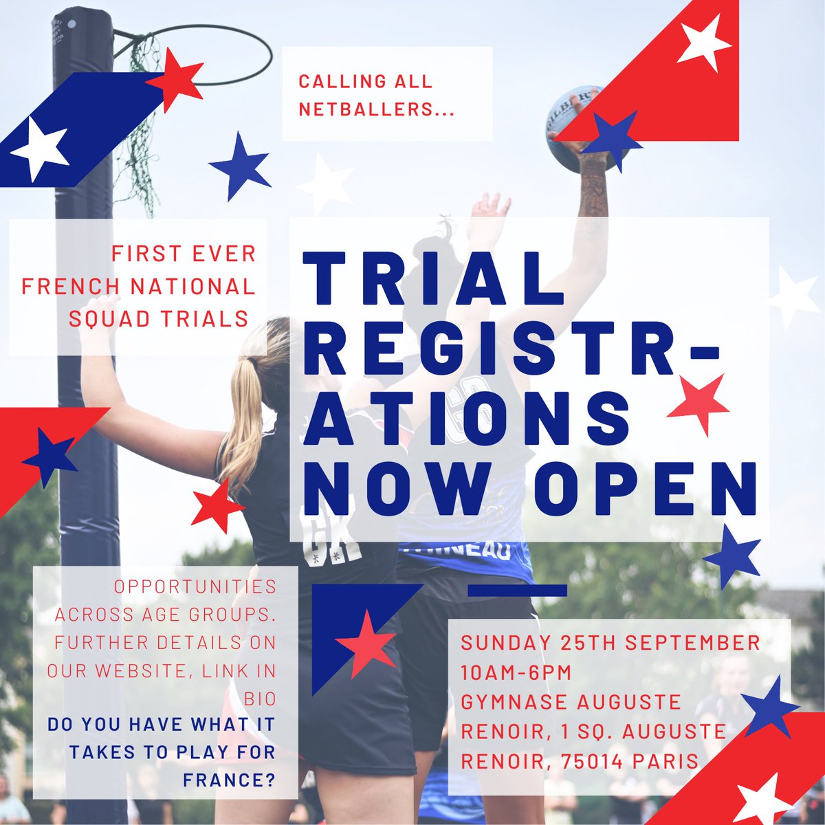 netballfrance's tweet image. Have you seen the news? National Squad Trial registrations are now open 😍 We want to see all eligible athletes registering to trial for the 1st ever French national squad!

Details &amp;amp; links in 🧵

Who will be the 1st athletes to represent France in international netball?! 💪🏻💪🏿🦾
