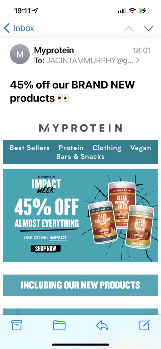 jacintammurphy's tweet photo. @Myprotein does this not seem misleading?  You send email promoting 45%off most products but as usual the product in the picture is not included.   This is why @MyCoreSupps is getting more of my custom now https://t.co/V7mVIC8g82