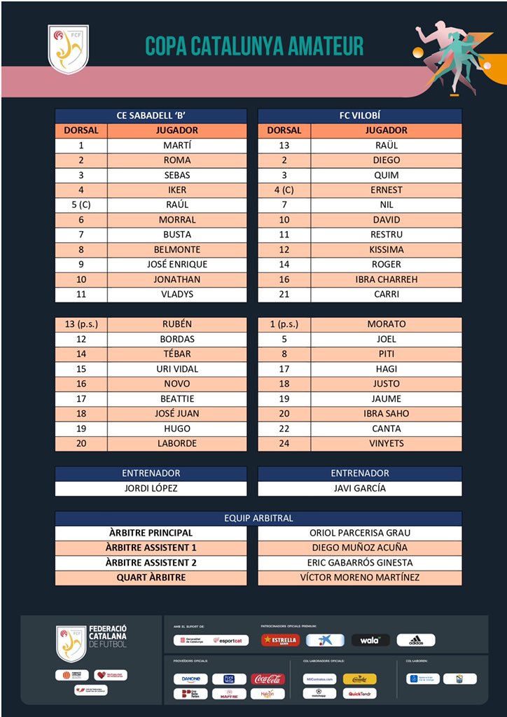 FCF_CAT's tweet photo. 🏆 #CopaCatalunya Amateur

📋 XI
⚽️ @CESabadell ‘B’ 🆚 @FCVilobi 

📺 https://t.co/CBlaqmJh1N

#futbolcat https://t.co/OcfAMYZl06