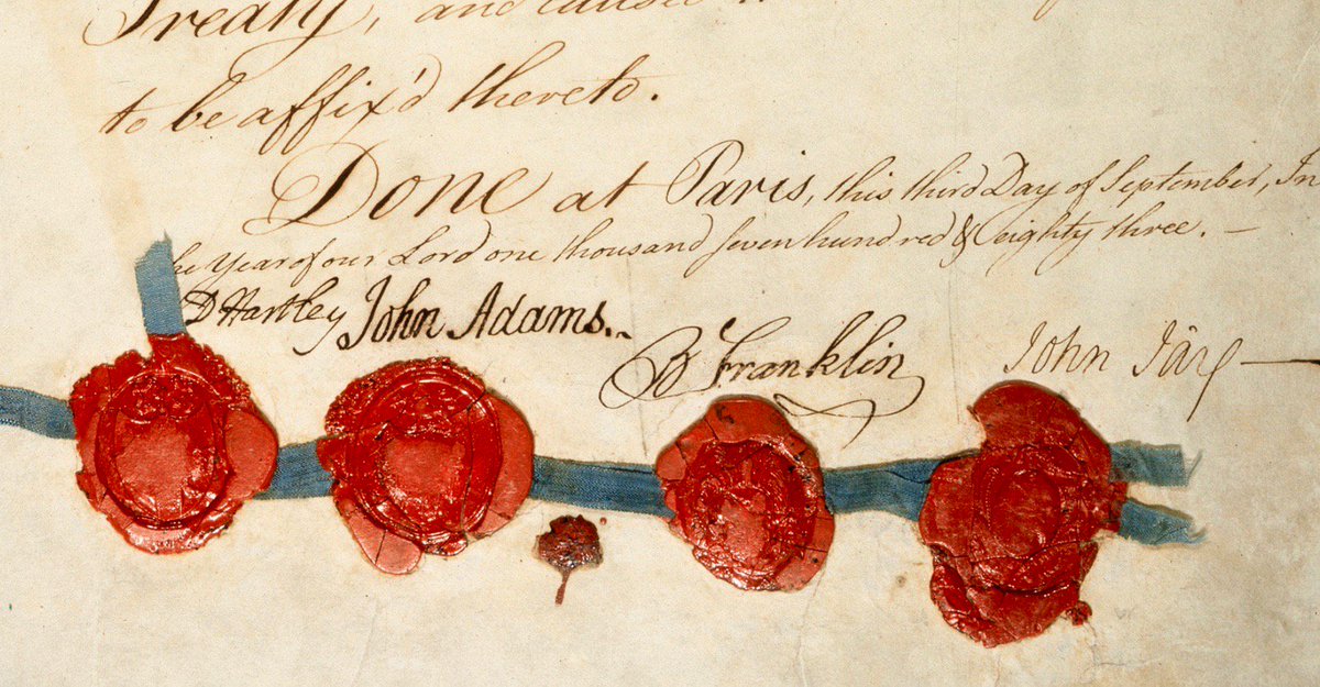 BeschlossDC's tweet photo. John Adams, Benjamin Franklin, John Jay signatures on Treaty of Paris, ending Revolutionary War, today 1783: https://t.co/kIa7xb7b40