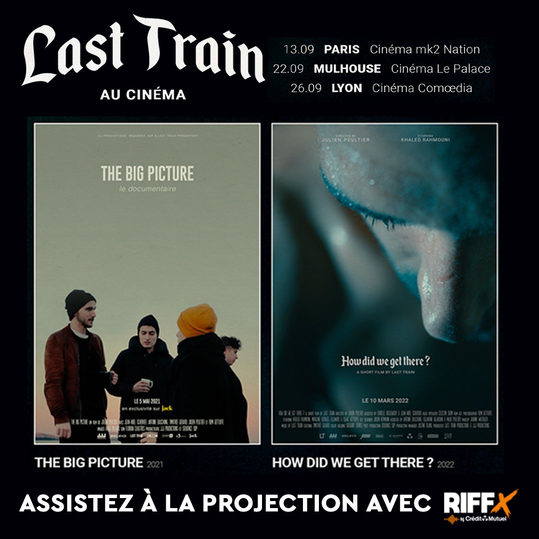 CONCOURS LAST TRAIN 🎲 Pour la rentrée, @RIFFX_fr by @CreditMutuel vous emmène au cinéma voir @BandLastTrain 🎸 4 places à gagner pour les séances du 13/9 à Paris, 22/9 à Mulhouse et 29/9 à Lyon 🎟️ Vous avez jusqu'au 14 septembre pour jouer sur riffx.fr/concours/last-… 😄