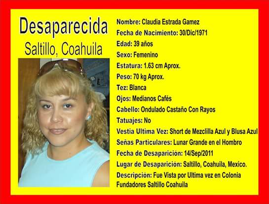 #TeBuscamos Claudia Estrada Gámez, 45 años, 14/11/11 #Saltillo #Coahuila #911