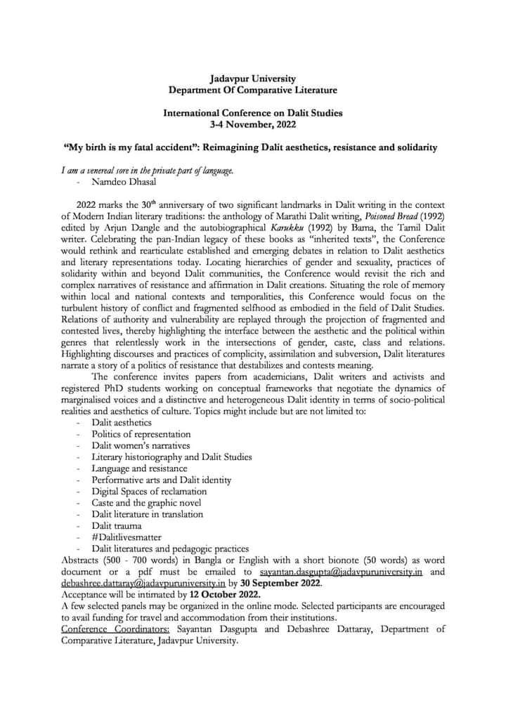 Praveen_Tulasi's tweet photo. HCU sold Rohith Vemula. 
JNU sold Rohith Vemula. 
Now, Jadavapur University's Department of Comparative Literature joins HCU &amp; JNU in selling out Rohith Vemula; for a international Conference on Dalit Studies. https://t.co/bKtvAiT73Q