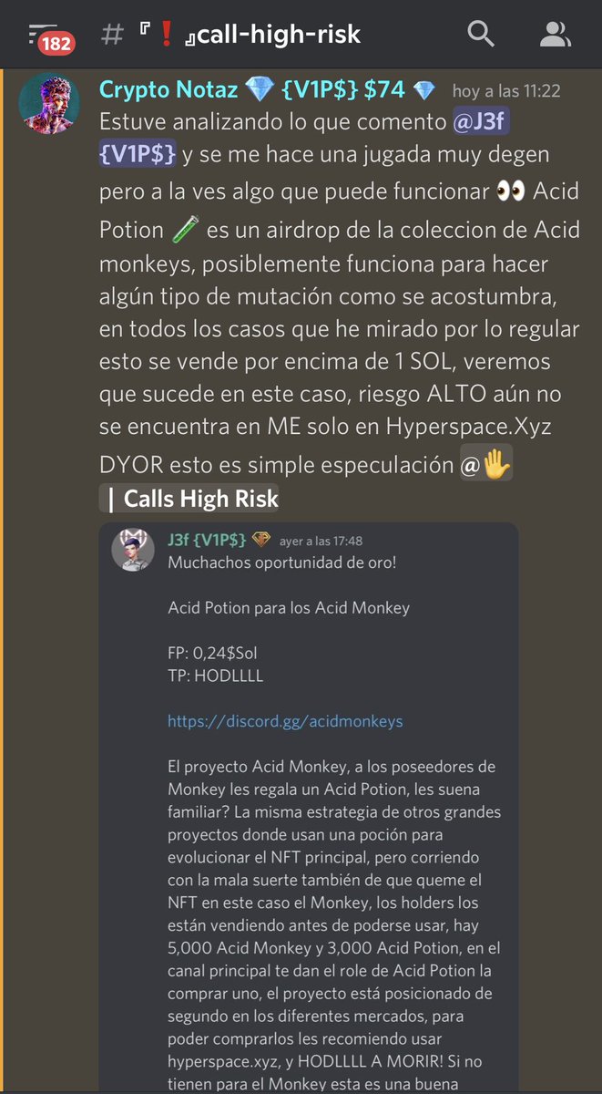 CryptoNotaz's tweet photo. Una call muy degen 😎 @AcidMonkeys entrada en VIPS cuando J3F lanzó la call estaba creo en .20, la mayoría entramos en .30 💎 veremos que tal se comporta, ya está en .38 @V1PS_NFTs https://t.co/hNbyFezRNI