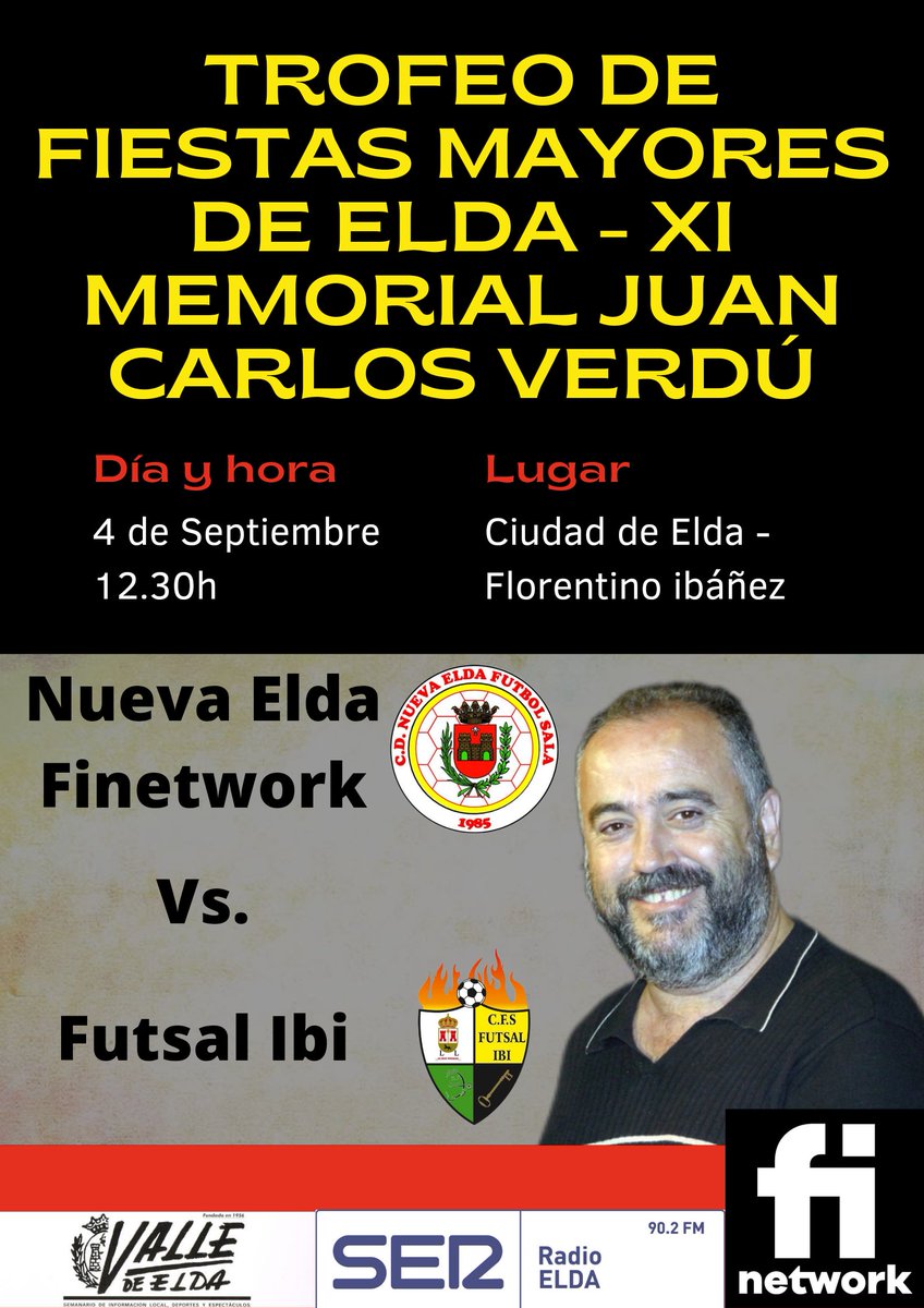 nuevaeldafutsal's tweet photo. 🔴|TROFEO FIESTAS MAYORES XI MEMORIAL JUAN CARLOS VERDÚ|
Mañana domingo el 2B Finetwork juega el tradicional trofeo:
🗓04/09
🕧12.30h
🏟Ciudad de Elda-Florentino Ibáñez
🆚️@FutsalIbi
Último partido de pretemporada.
¡Os esperamos!
#NuevaEldaFinetwork https://t.co/STv3ESeo3b