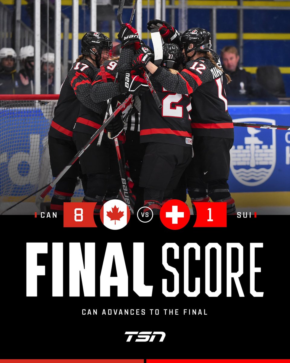 TSN_Sports's tweet photo. 🚨GOING FOR GOLD 🚨

Team Canada advances to the #WomensWorlds gold medal game with a 8-1 win over Switzerland! https://t.co/nw5ydghZp3