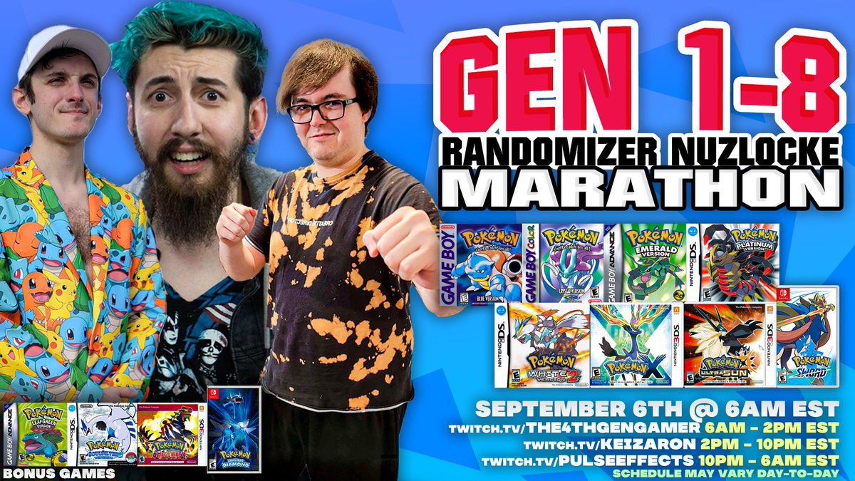 ATTN GAMERS:

<a href="/The4thGenGamer/">Josh</a> <a href="/PulseEffects/">PulseEffects ☕</a> and myself will be doing one of THE MOST ambitious relays EVER! We'll be tackling EVERY GENERATION of mainline games in a randomizer nuzlocke marathon! Incentives to be revealed soon; you don't want to miss this!