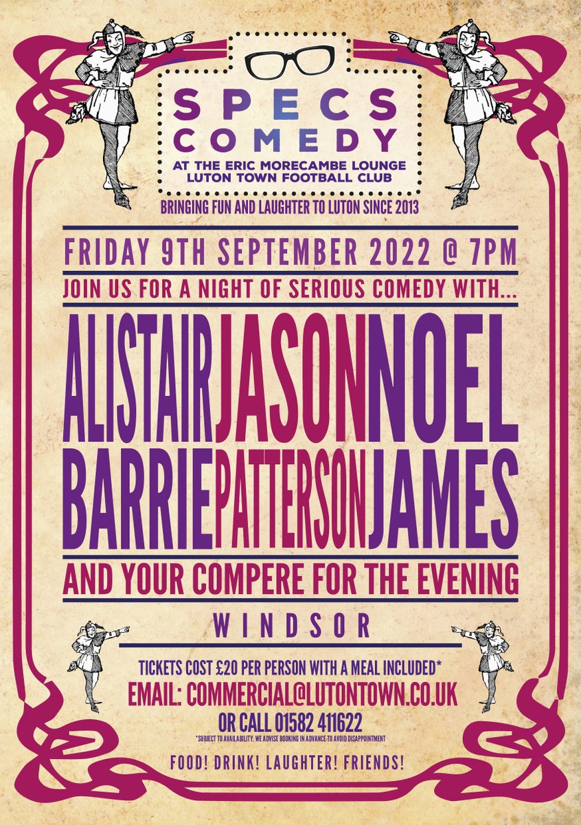 SpecsComedy's tweet photo. It's your last chance to book your spot at tomorrow's Specs Comedy night!

Our line-up for the evening are the fantastic comedians Alistair Barrie, Jason Patterson, Noel James &amp; Windsor!

Book your tickets NOW by contacting the commercial team on 01582 411622. https://t.co/TUuaCRop6P