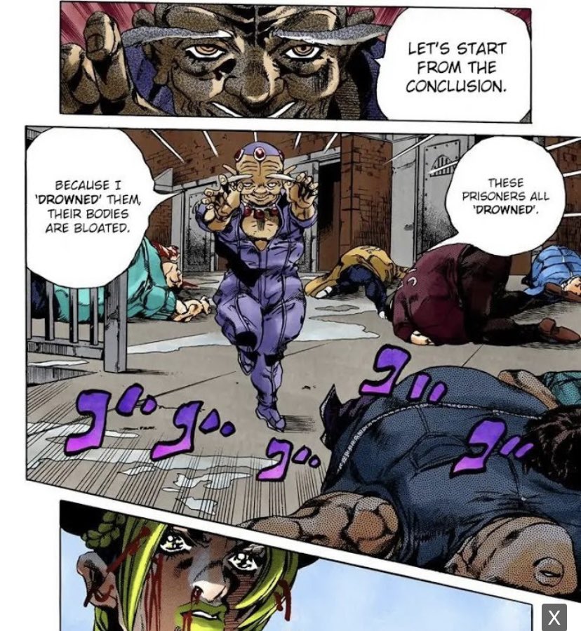 OverHeavenPod's tweet photo. Hey @HamonBeat, how does Kenzou drown the other inmates? Where is he getting the water to make their corpses bloat? I get he’s getting their bodies to ‘think’ they’re drowning, but why would they bloat like that? https://t.co/mPwK9ct54f