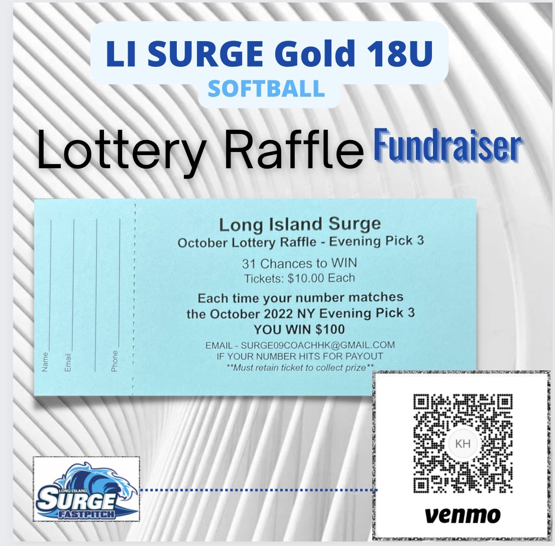 @LISurge18UGold Lottery Raffle fundraiser is back! It's for the evening pick 3 number for the month of October. Each ticket gives you 31 chances to win!! Venmo is easiest form of payment.
