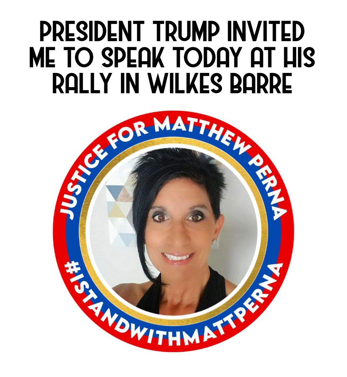 Matthew Perna’s aunt Geri Perna was invited by #PresidentTrump to speak at the rally in PA today! Geri is doing an amazing job of raising awareness of Matt’s story, as well as other non-violent J6ers who are being unjustly targeted. God bless her.❤️🙏#justiceformatthewperna