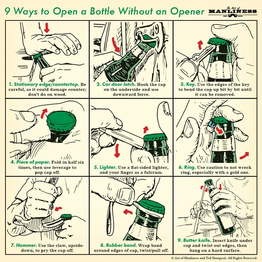 artofmanliness's tweet photo. 9 Ways to Open a Bottle Without an Opener https://t.co/wxnJXXsdp5 https://t.co/8bRtAV5DWm