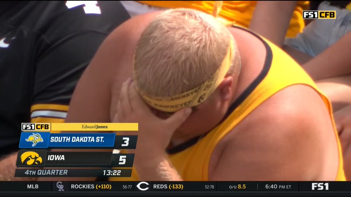 barstoolsports's tweet photo. Every year countless men and women are incredibly excited for their teams CFB season to start. 

99% of them end up like this man after watching his team score 5 points against South Dakota State. 

It’s a brutal existence. https://t.co/rNc9Un1aNR