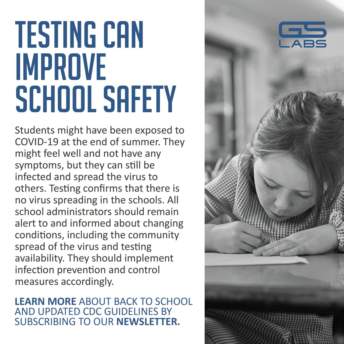 GSLabsTestingUS's tweet photo. Did you know? 

Continued COVID-19 testing improves school safety by confirming that no virus is spreading throughout the schools.

Is your child in need of a COVID-19 test?
Visit our website to schedule an appointment today. ⬇️
📲 https://t.co/uobcl2ztqm https://t.co/VdnblNY1Ro
