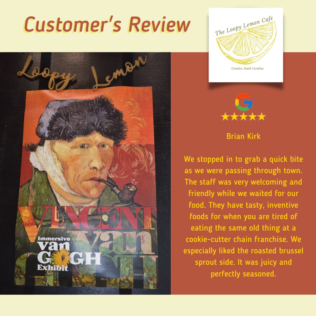 loopylemonsc's tweet photo. Brian, we can't thank you enough for dining with us at the Loopy Lemon! We appreciate you and your review! Please visit us again soon.
#theloopylemoncafe #loopylemonsc #screstaurants #camdenrestaurants #celebratedelicious #eclecticdecor #delish #weloveservingyou https://t.co/DhCv5204yh