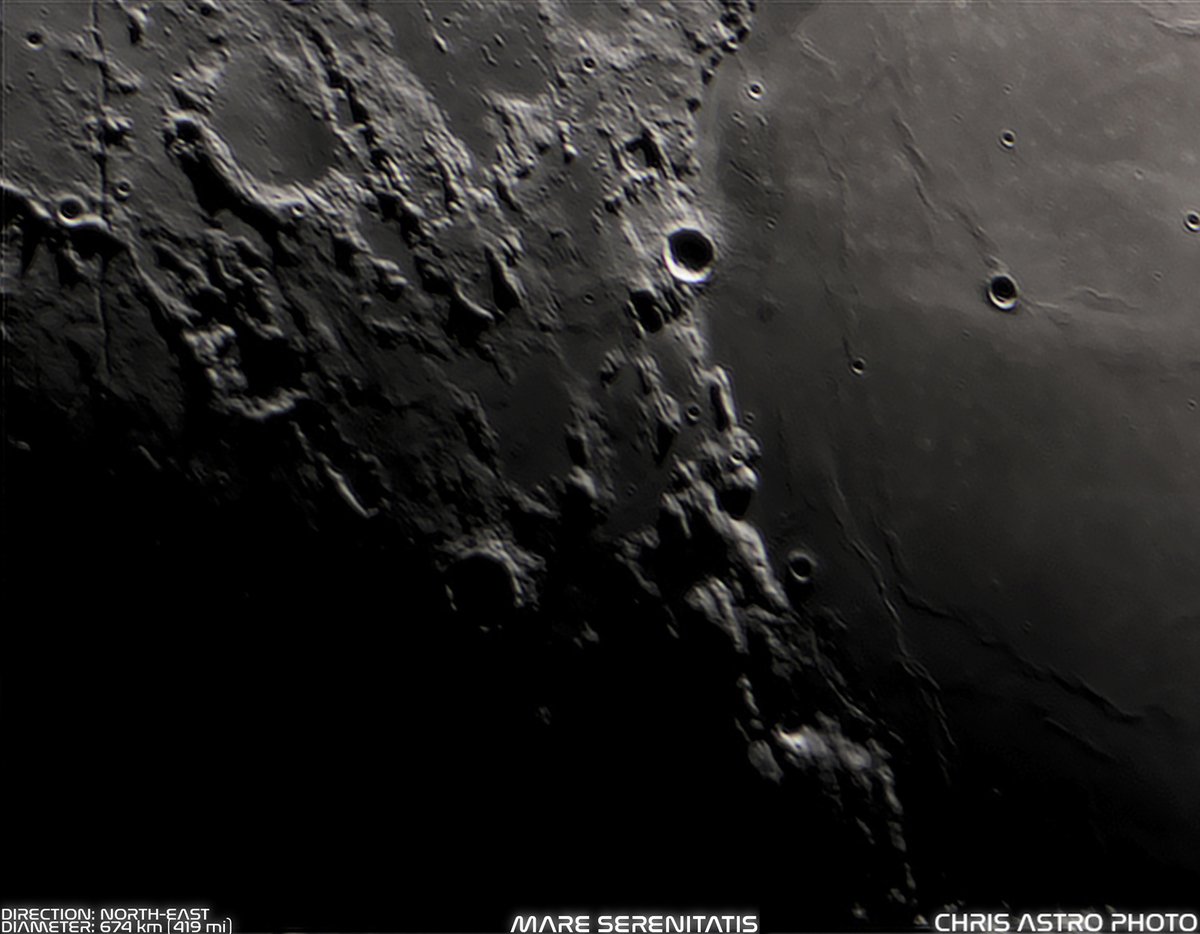 chrisastro101's tweet photo. MARE SERENITATIS
Diction: North-East
Diameter:674 km (419 miles)
@Celestron CGEM 11 inch
@imagingsource dbk2.4
#astrophotography #moonastrophotography #moon #nasa #space #luna #lunar #mareserenitatis https://t.co/ihjU4O47ON