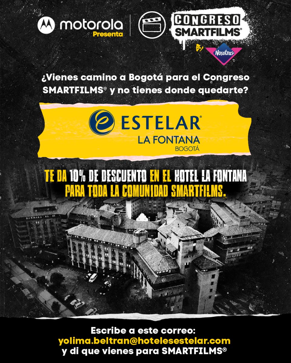 smartfilmsco's tweet photo. 💡¿Vienes de otra ciudad? 🤔¿Estás buscando un lugar para hospedarte? El @HotelEstelarLaFontana uno de nuestros aliados nos tiene una gran sorpresa 🤩

👉🏻¡BENEFICIOS #COMUNIDADSMARTFILMS ! ✅
📌 10% de descuento para aquellas personas que visitan Bogotá por #SMARTFILMS2022 https://t.co/CKqhsG1B4n