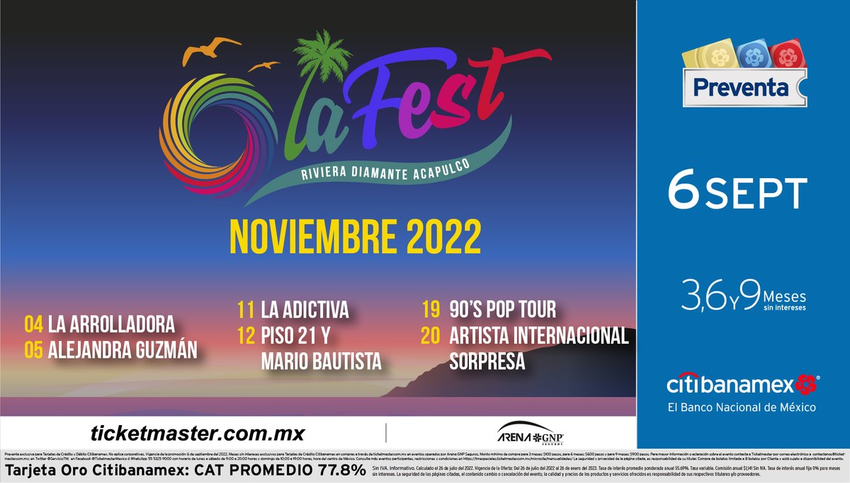 OlaFest Acapulco llega este próximo 4,5,11,12,19 y 20 de noviembre a Arena GNP Seguros. 

6 días llenos de música y diversión, donde tú y tu familia podrán disfrutar de los mejores conciertos. ¡Una experiencia inolvidable!

🎫Preventa Citibanamex 6 de septiembre 2022.