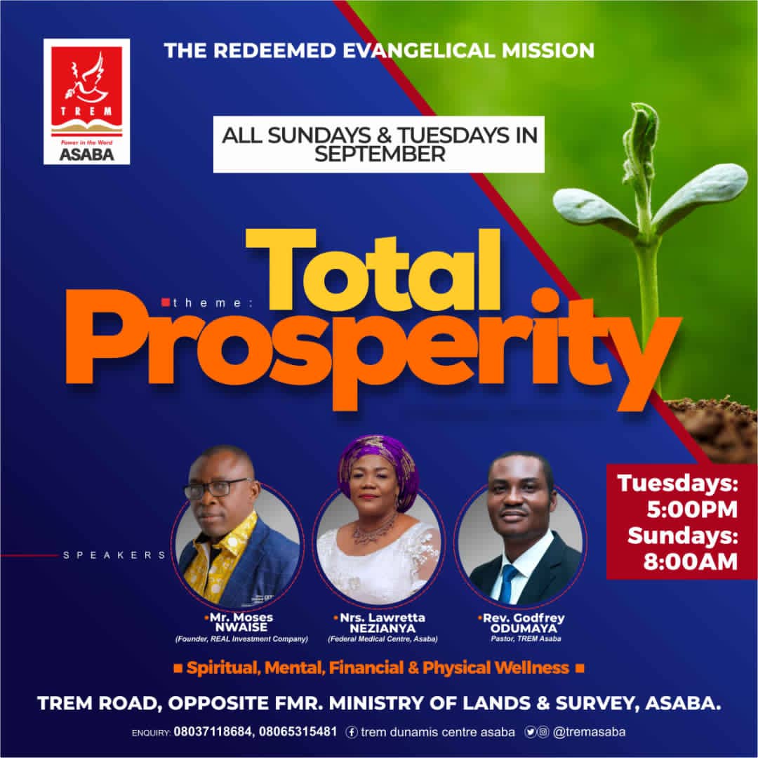 tremasaba's tweet photo. Welcome to your Season of TOTAL PROSPERITY.
Join our series this month every Tuesday by 5pm and Sundays by 8am as we discuss Spiritual, Mental, Financial and Physical Wellness.
#TREM #TREMasaba #YearOfAcceleration #Church #Jesus #TREMat41 #TotalProsperity https://t.co/dBzhbEGptQ
