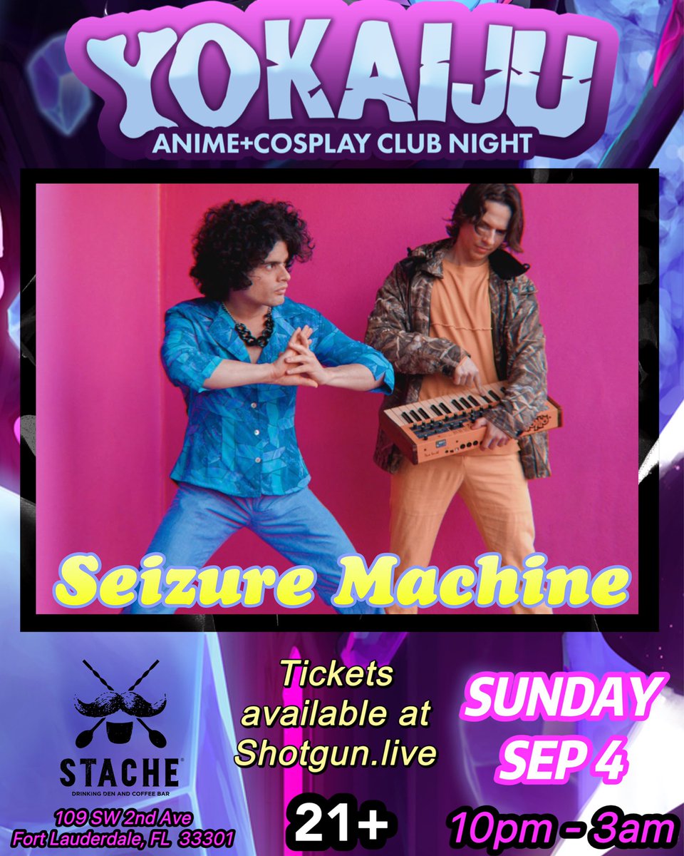 seizuremachine's tweet photo. SOUTH FLORIDA FRIENDS we are performing tomorrow Sunday at @RevolutionLive at the Stache Bar stage for Yokaiju, an anime cosplay club night. Today is the last day to get presale tickets! (Link in bio) @KaijucoreEnt https://t.co/1pOINUGWvY