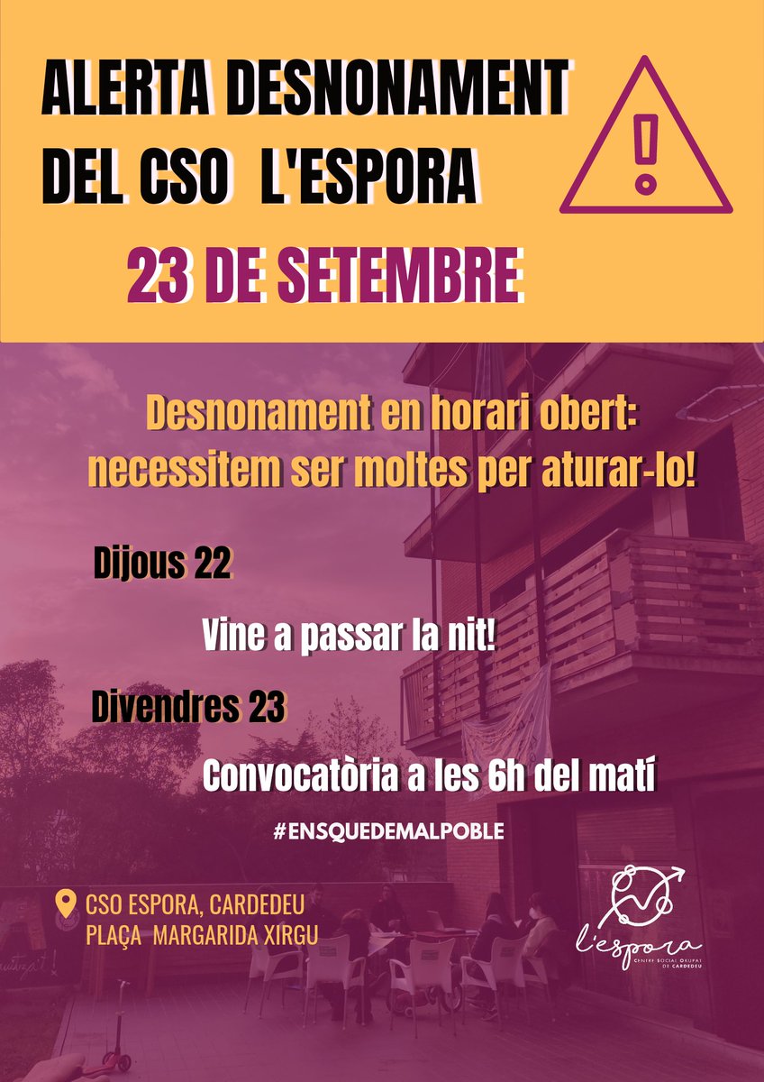 💥 DESNONAMENT DEL CSO L’ESPORA💥

El dia 23 de setembre tenim el segon llançament pel pis del CSO, on desenvolupem tota l’activitat social i assambleària.

L’ESPORA ES QUEDA AL POBLE ✊🏼🔥