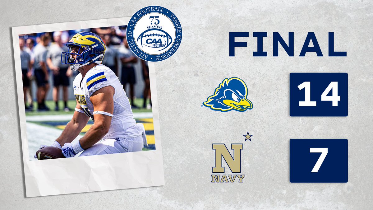 CAAFootball's tweet photo. .@Delaware_FB beats Navy! 

The fewest points allowed in an FBS win by a CAA team since 2006 ❗️

#CAAFB https://t.co/qr2xuCjxuu