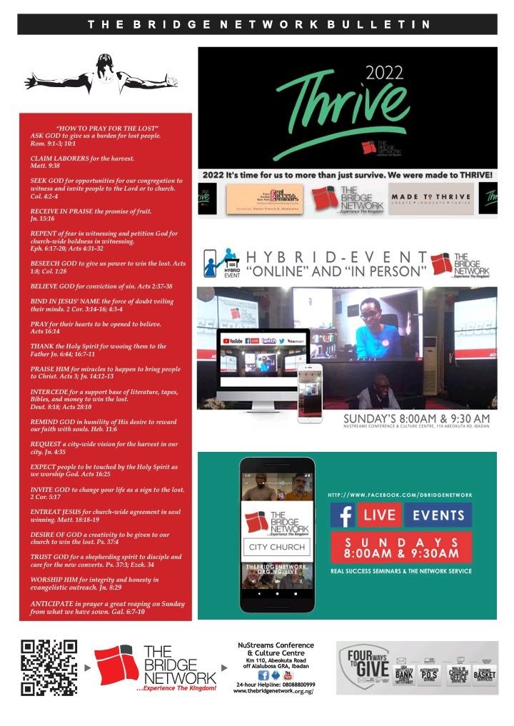 DBridgeNetwork's tweet photo. @FrancisMadojemu @seunopadare @segunakredot @babateye @okuyiga_olumide @UnclesamTBN @paffekt @elijahekele @betaservio @tajayiope The Bridge Network, Bulletin 4th September, 2022. Do have a great Sunday & a great week ahead.
#TBN #OutstandingLife&ServiceTransformingOurWorld https://t.co/g8Y6f9btUw