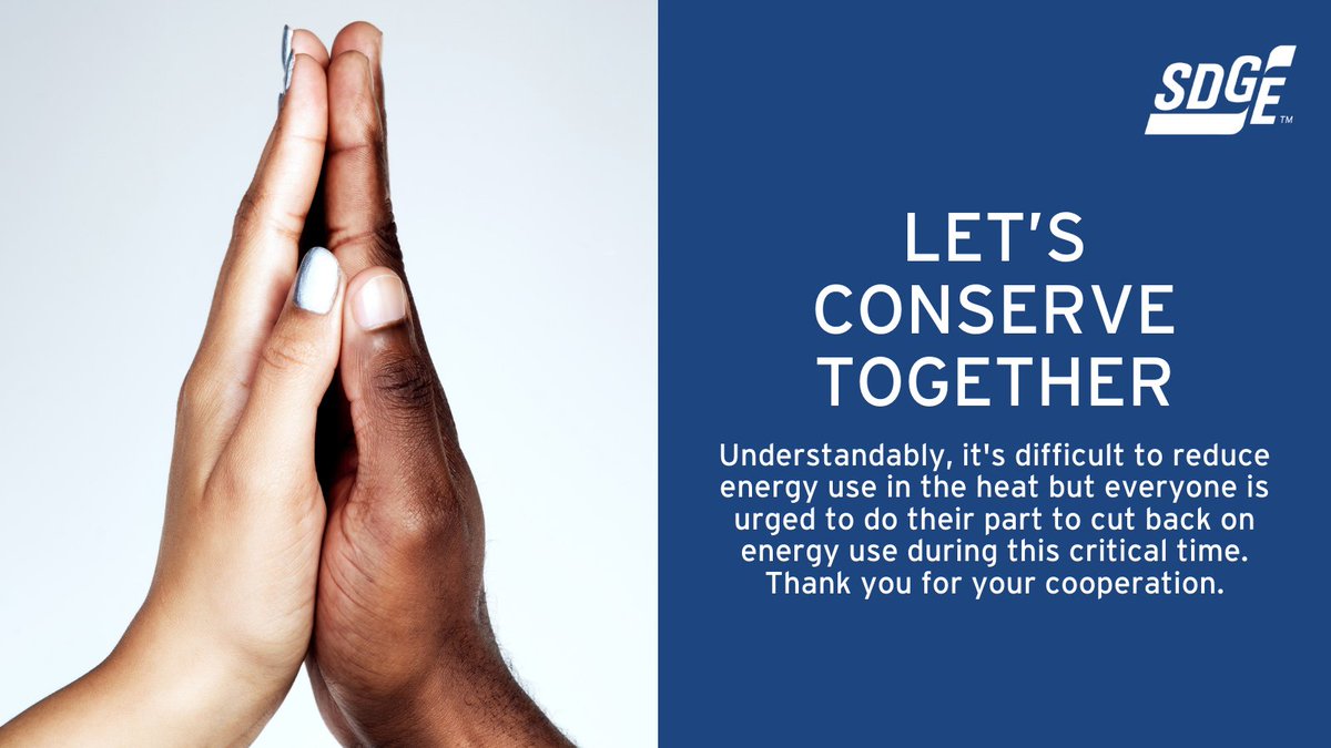 SDGE's tweet photo. Thank you for your continued conservation efforts these last few days. We still need you! Keep it up, #SoCal! Let's keep the power grid stable. #EveryWattCounts #HeatWave #FlexAlert ⚡ https://t.co/g9EJp451ca