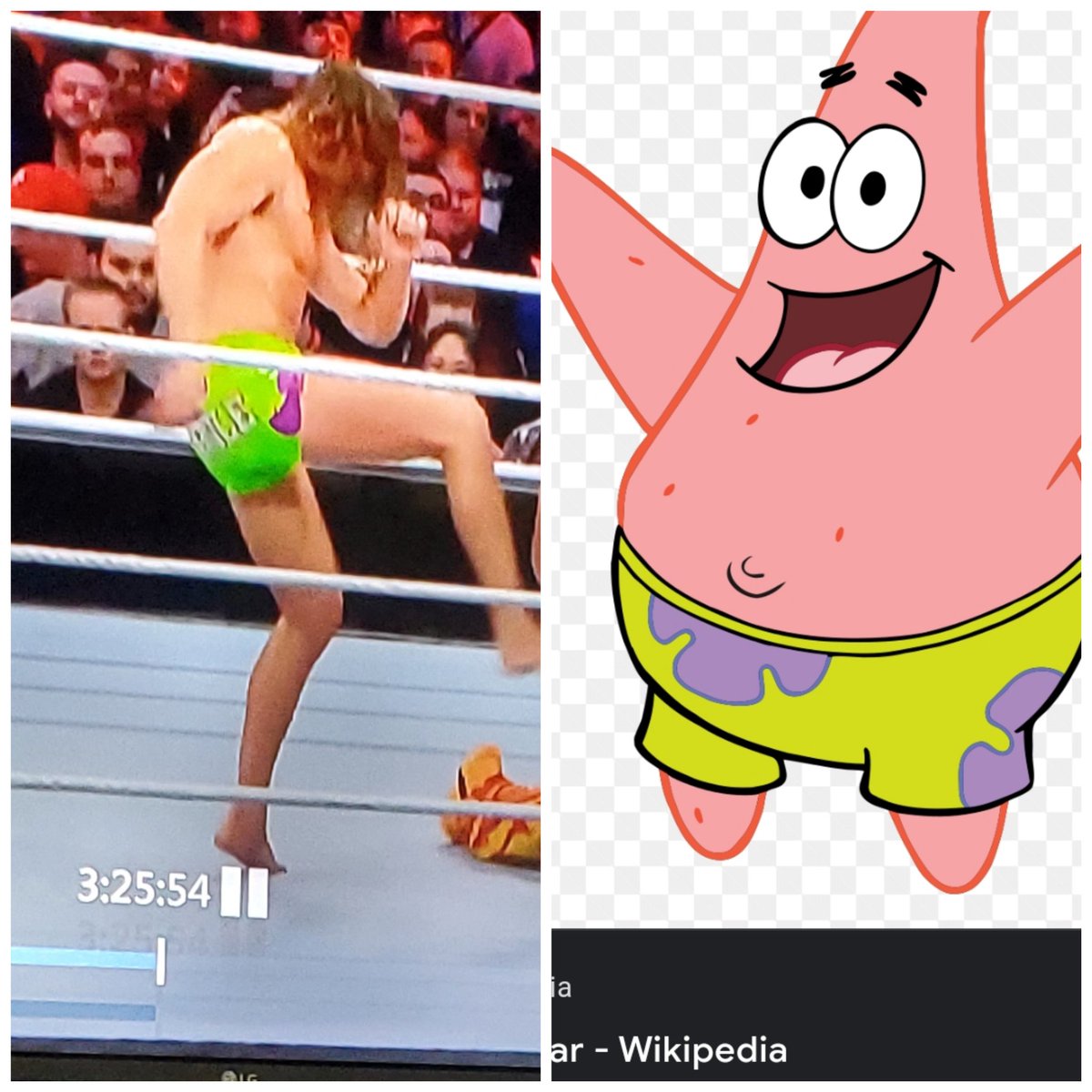 Jennhamlyn1991's tweet photo. My 5 year old son has a point. I think Riddle took his outfit idea tonight from Patrick Star #WWECastle #wwe https://t.co/awHiEanfds
