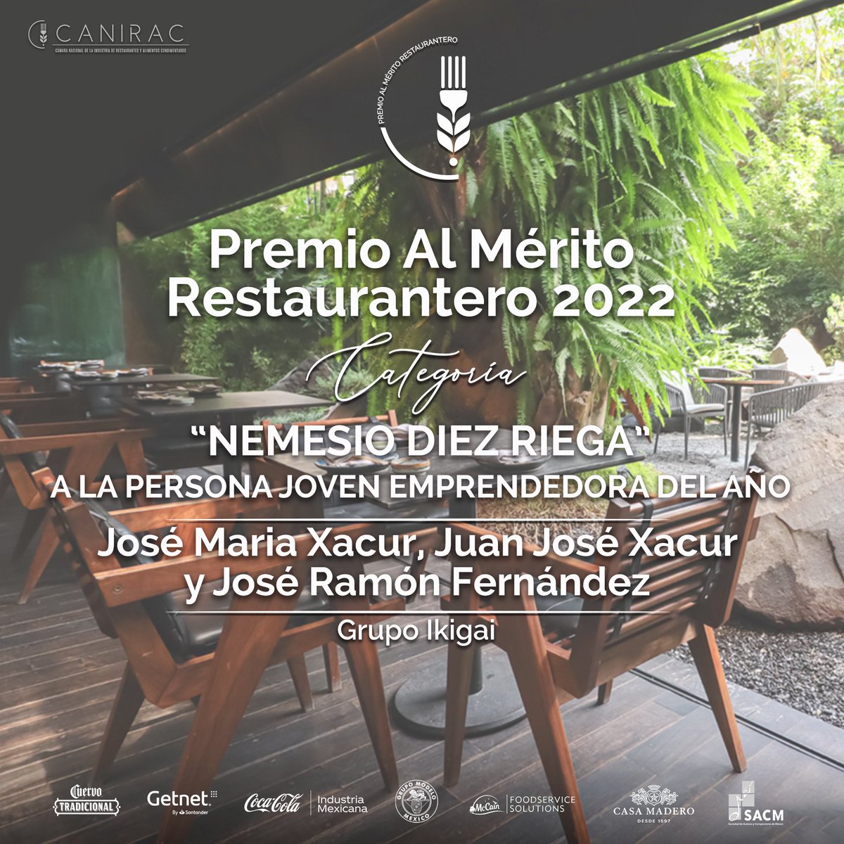 🏆 Felicitamos a José María Xacur, Juan José Xacur y José Ramón Fernández, de #GrupoIkigai, ganadores del #PremioAlMéritoRestaurantero en la categoría “Nemesio Diez Riega” a la Persona Joven Emprendedora del Año. 

¡Felicidades! #PMR22