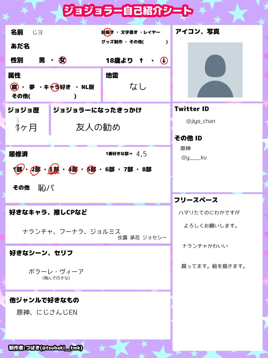 jiyo_chan's tweet photo. #ジョジョ好きさんと繋がりたい
 #ジョジョラーさんと繋がりたい
ド新規のにわかですが、お友達が欲しいです…‼️ﾅﾗﾝﾁｬが好き🍊腐ってます。
よろしくお願いします~‼️💞🙇‍♀️🙇‍♀️ https://t.co/nwsqt4ZMHw