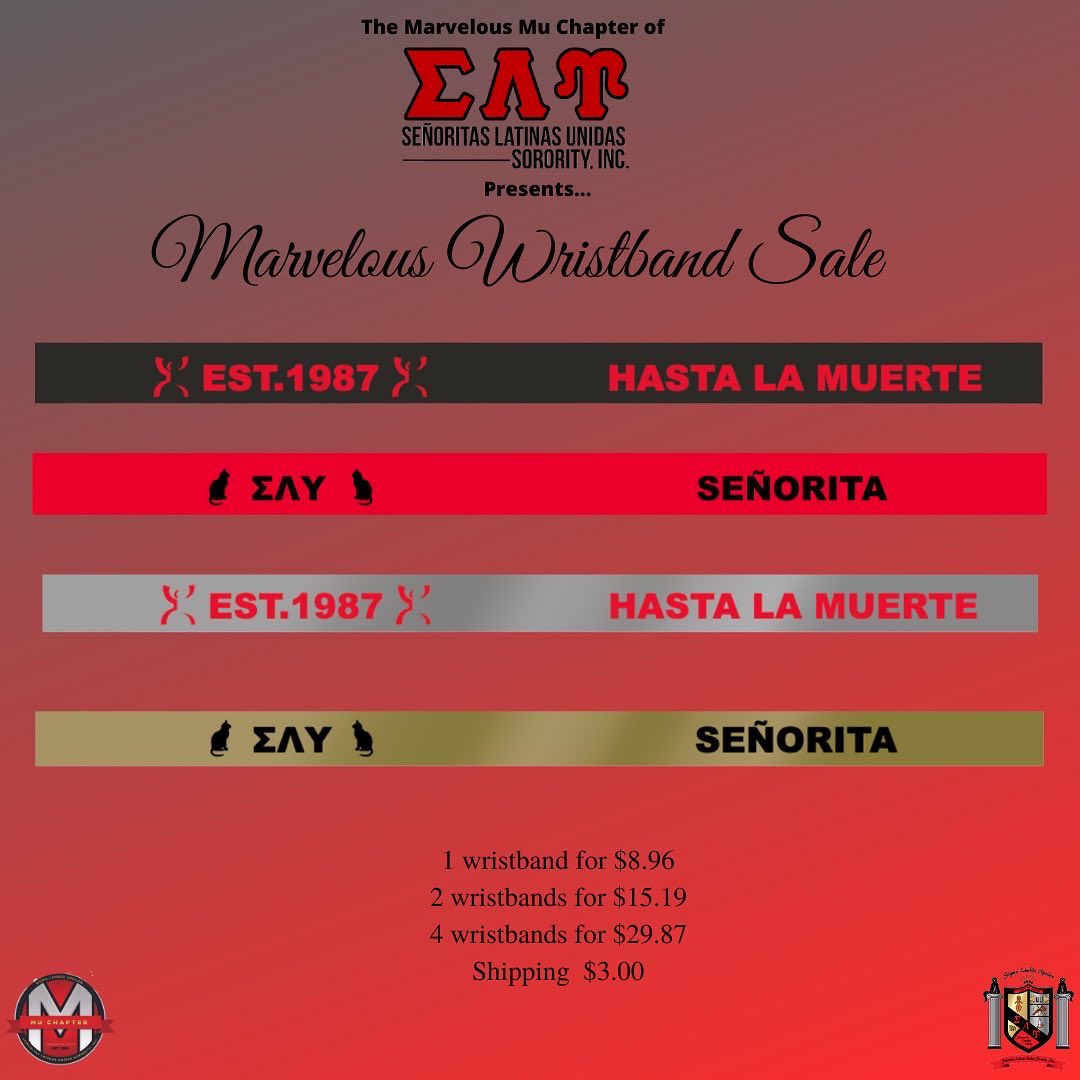 SLU_MU's tweet photo. Hermanas 💃🏻 check this out 📣 

The Marvelous Mu Chapter of Sigma Lambda Upsilon/Señoritas Latinas Unidas Sorority Inc., has got you covered with our 4 different wristband sale! 😉 Enjoy your new favorite SLU accessory. https://t.co/SCgw9sEpEe