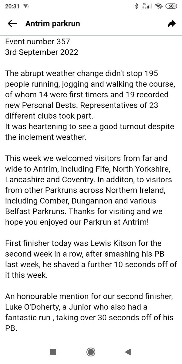 antrim_parkrun's tweet photo. Further to our attached Facebook report, our event director Kerri Thrower joined the 250 Club.👏🎂 (This feat is also further down the report.)
Lewis was fastest finisher for the ninth time. Nena was fastest female for the first time.
Our average attendance now sits at 182.3.👍🏃 https://t.co/h8Iydw5weu