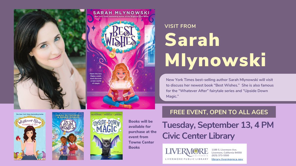 LivLibrary's tweet photo. NYT best-selling author #SarahMlynowski @ #CivicCenterLibrary Tue 9/13 @ 4pm to discuss her newest book, "Best Wishes" & take questions from the audience. She's famous for the #WhateverAfter children’s fairytale chapter book series & #UpsideDownMagic. Free & open to all ages. https://t.co/cQSvIU3AgH