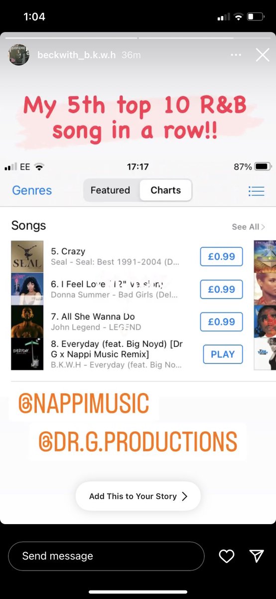 Hey <a href="/BeatStars/">BeatStars</a>! (Pro member here) I co produced a remix with <a href="/DrGPRODUCTIONZ/">Dr. G (UK)</a> for <a href="/BeckwithJP/">B.K.W.H</a>  and #BigNoyd and it’s currently no. 8 on UK iTunes rnb/soul charts! First time charting on anything for me! Although not a beatstars collab, beatstars knowledge got me ready 2 be ready