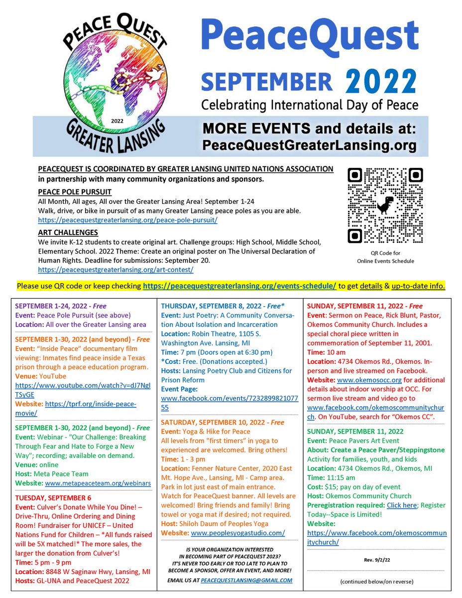 LansingUNA's tweet photo. The #PeaceQuest 2022 schedule is available! Check out the impressive lineup of events going on throughout the month of September in the Greater Lansing Area. https://t.co/5mcqkQOneN https://t.co/ptHHtXYtTh
