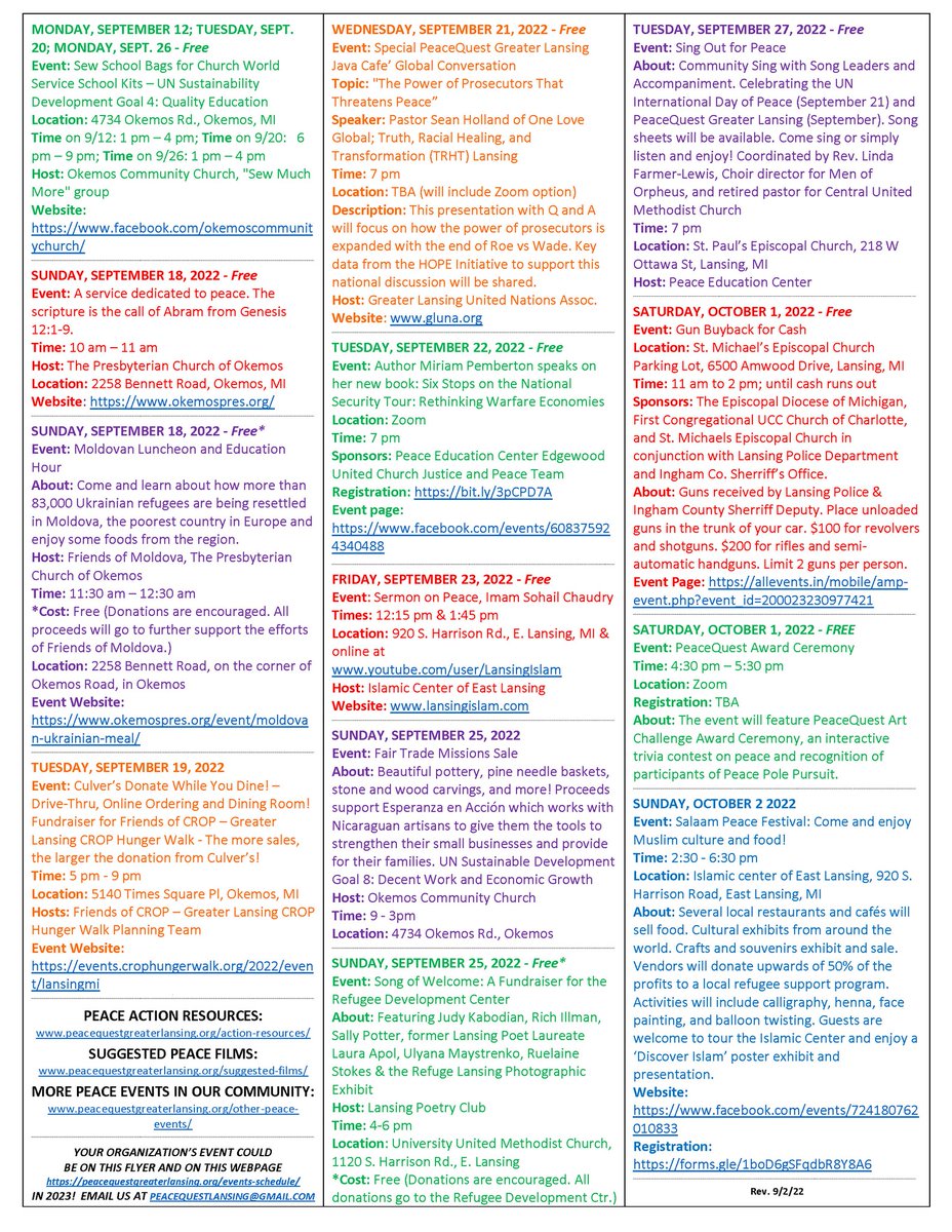 LansingUNA's tweet photo. The #PeaceQuest 2022 schedule is available! Check out the impressive lineup of events going on throughout the month of September in the Greater Lansing Area. https://t.co/5mcqkQOneN https://t.co/ptHHtXYtTh