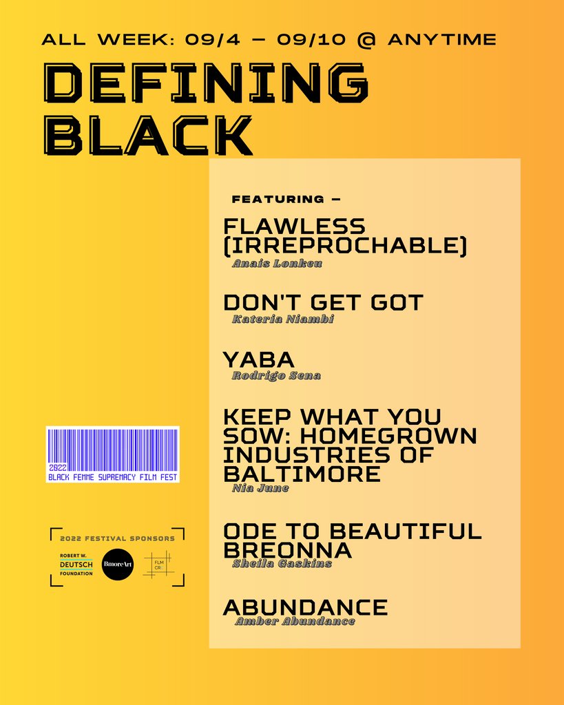 𝗦𝗛𝗢𝗥𝗧 𝗙𝗜𝗟𝗠 𝗕𝗟𝗢𝗖𝗞: Defining Black⁠
// Short films that we feel redefine what it means to be “Black”. These selected short films affirm, trouble, elevate and clarify those identity constructs.

cc: <a href="/AnaisSLonkeu/">Lonkeu Anaïs</a> @AmberAbundance <a href="/niajunepoetry/">NIAJUNE.COM</a>
eventbrite.com/e/2022-black-f…