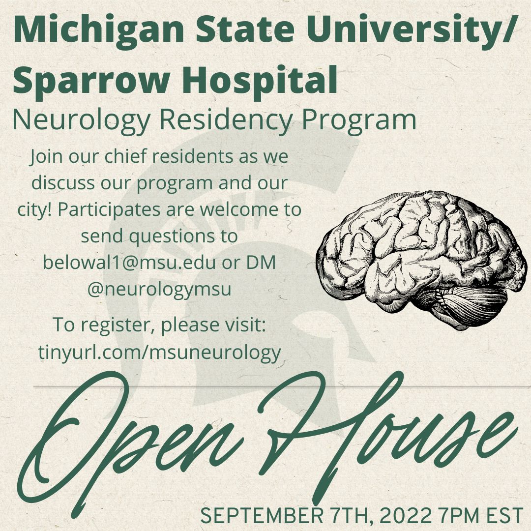Attention neurology residency applicants: 
Join us for a virtual open house to learn about our program led by the chief residents! On September 7, 2022 at 7:00pm. Register at tinyurl.com/msuneurology
@nmatch2023 <a href="/MatchNeuro/">MatchNeuroWebinars</a>