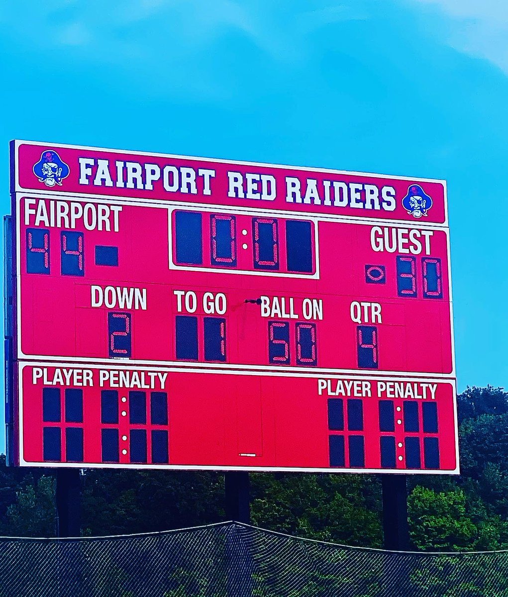 FairportFB's tweet photo. JV wrapped up week one of football with a 44 - 30 win over Spencerport this morning.  Great Job, Raiders!!❤️💙🏈 https://t.co/cV3mHlCYDb