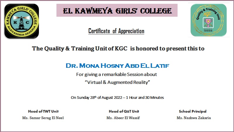 KGC_Alexandria's tweet photo. تتشرف وحدة التدريب و الجودة بمدرسة كلية البنات القومية بالإسكندرية بإهداء شهادة تقدير لدكتور منى حسنى عبد اللطيف مدير المركز الاستكشافي للعلوم والتكنولوجيا غرب المنصورة لتعاونها و مساهمتها بتقديم محاضرة شاملة عن الواقع المعزز فى التعليم.
@monahosny3a  #AugmentedReality https://t.co/LqmzEyVfNJ