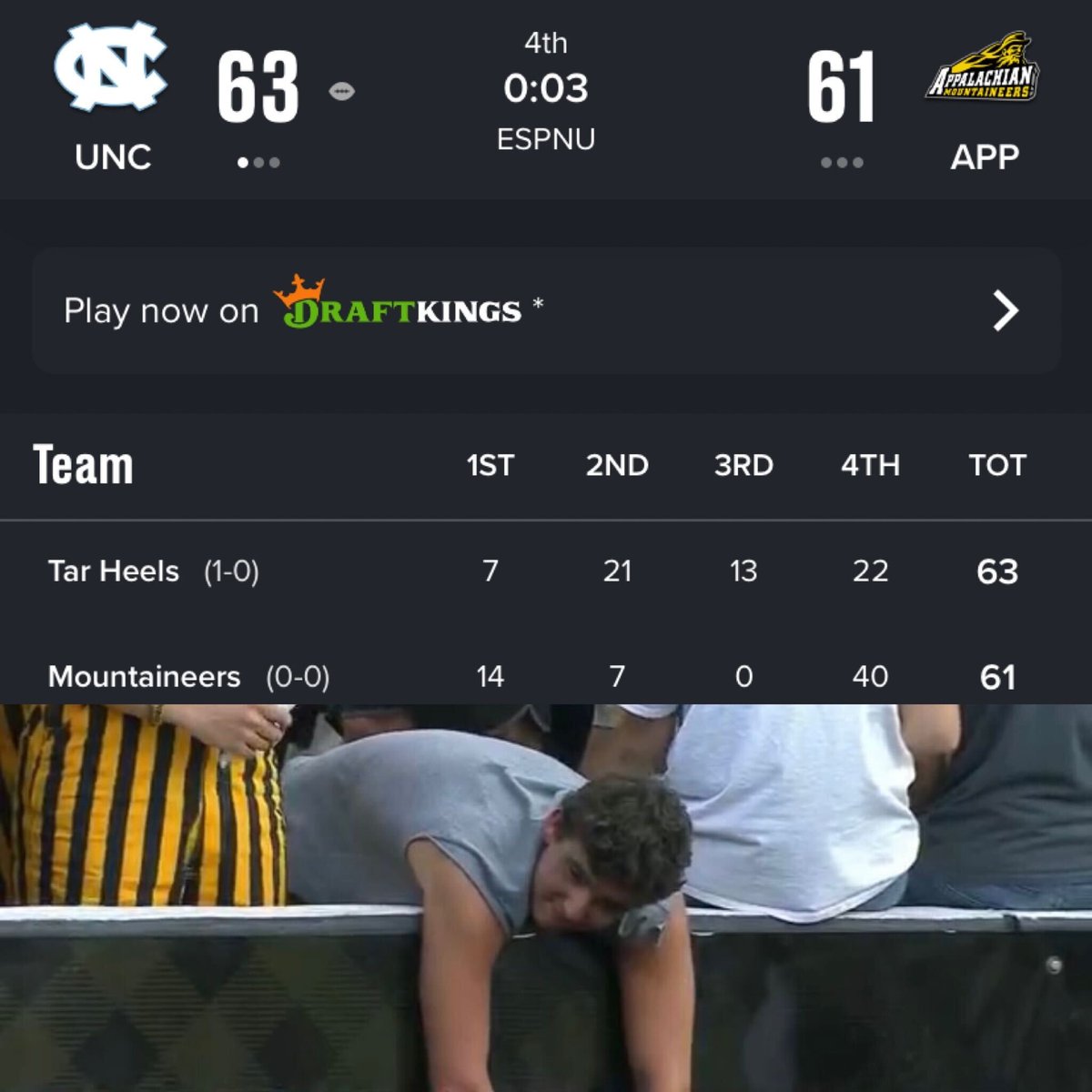 BleacherReport's tweet photo. Appalachian State scored 40 PTS in the 4Q vs. UNC and still lost 🥴 https://t.co/nKaknmOjXx