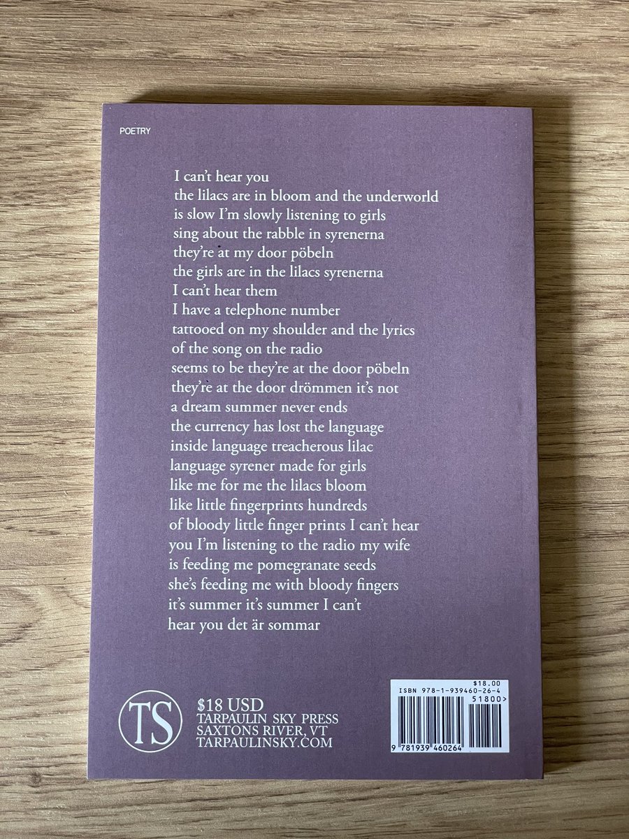 New arrival from <a href="/TarpaulinSky/">Tarpaulin Sky Press</a> and @JohannesGoranss

“treacherous lilac language”