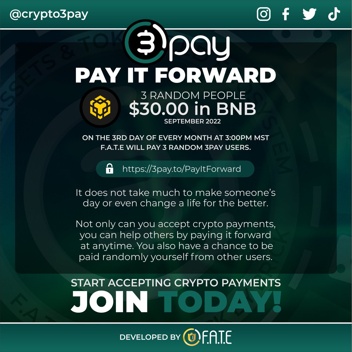 crypto3pay's tweet photo. How did you pay it forward today? #3pay #3payItForward #BeSocial #DoGood #CryptoPayments #WorkPlayEarn #fate #karma https://t.co/EVlaPIUP4a