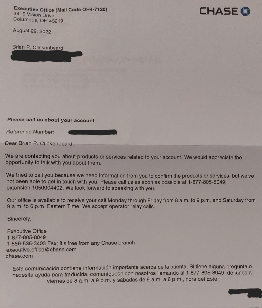 BrianClinkMusic's tweet photo. @ChaseSupport today I received this letter from the "Executive Office". This is after receiving several calls, also from the "Executive Office", from a # which some people online have claimed is a phishing scheme. Just want to know if this is legit or worthy of security concerns. https://t.co/dsjYJa7tUe