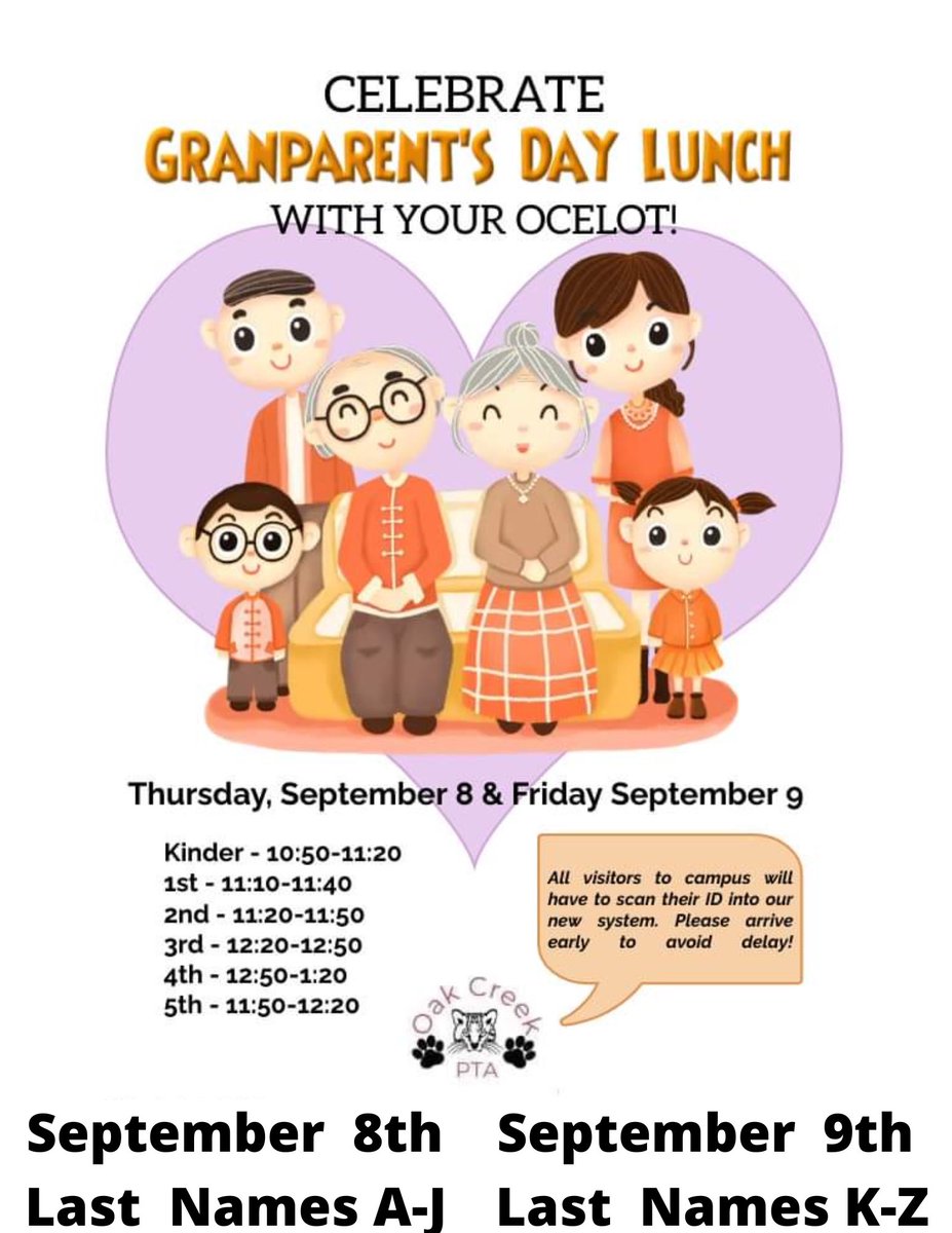 OakCreekElemen1's tweet photo. Donโt forget this Thursday and Friday is our annual grandparentsโ day lunch! Come early to have extra time to check in! #OCESstrong ๐พ๐ https://t.co/M7u5dbNDWo